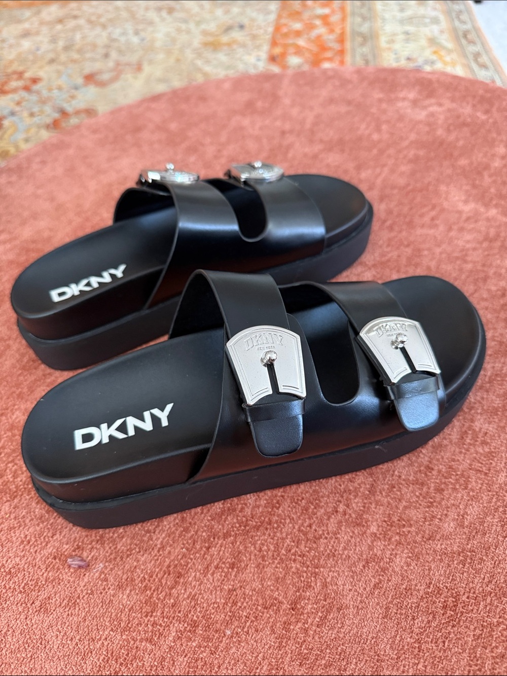DKNY Black Platform Slide Sandals with Silver Buckles. Brand New and Size 9.